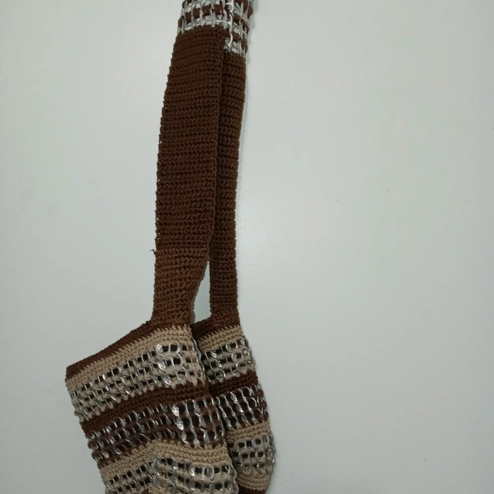 Handmade Crochet Hobo Bag made with Silver Flip top Soda can Tabs.Brown Beige